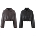 Women's PU Leather Short Padded Jacket Western Street Style Lapel Long Sleeve Cropped Winter Coat With Zipper And Pockets For Female Women's PU Leather Short Padded Jacket Western Street Style Lapel Long Sleeve Cropped Winter Coat With Zipper And Pockets For Female
