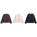 Women Quilted Rhombus Pattern Lightweight Jacket 100% Polyester Single Breasted Round Neck Puffer Coat For Autumn Winter Streetwear Casual Lady Women Quilted Rhombus Pattern Lightweight Jacket 100% Polyester Single Breasted Round Neck Puffer Coat For Autumn Winter Streetwear Casual Lady