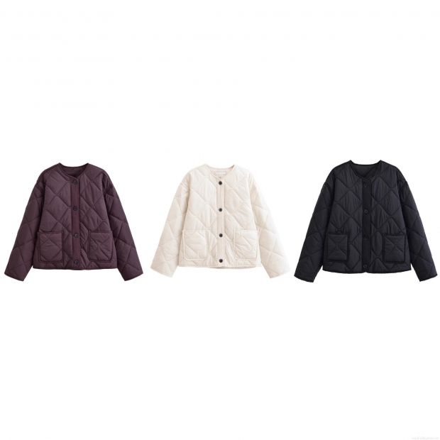 Women Quilted Rhombus Pattern Lightweight Jacket 100% Polyester Single Breasted Round Neck Puffer Coat For Autumn Winter Streetwear Casual Lady Women Quilted Rhombus Pattern Lightweight Jacket 100% Polyester Single Breasted Round Neck Puffer Coat For Autumn Winter Streetwear Casual Lady