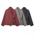 Women's Kimono Style Padded Quilted Coat Tie-Waist Solid Color Stand Collar Warm Jacket For Autumn Winter Streetwear Ladies Outerwear