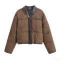Women's PU Patchwork Padded Jacket Winter Quilted Short Coat With Turn-down Collar Loose Fit Warm Puffer Outerwear For Women Streetwear Solid Brown Women's PU Patchwork Padded Jacket Winter Quilted Short Coat With Turn-down Collar Loose Fit Warm Puffer Outerwear For Women Streetwear Solid Brown