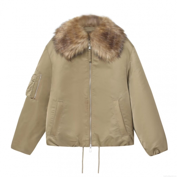 Women's Winter Khaki Puffer Jacket With Detachable Faux Fur Collar Long Sleeve Zipper Bomber Jacket Outerwear For Ladies Warm Casual Coat Women's Winter Khaki Puffer Jacket With Detachable Faux Fur Collar Long Sleeve Zipper Bomber Jacket Outerwear For Ladies Warm Casual Coat