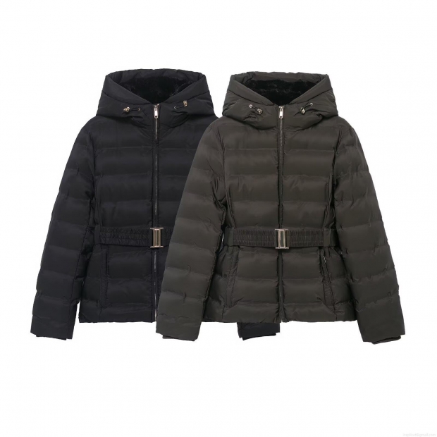 Women's Hooded Slim Fit Puffer Jacket Polyester Windproof Belted Winter Padded Coat With Plush Lining For Outdoor Streetwear