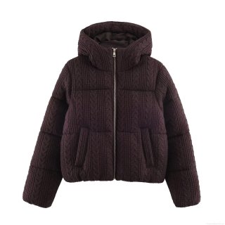 Women's Winter Fashion Casual Cable Knit Texture Hooded Cotton-Padded Jacket Loose Short Puffer Coat With Full Zip And Pockets Ladies Warm Outerwear Women's Winter Fashion Casual Cable Knit Texture Hooded Cotton-Padded Jacket Loose Short Puffer Coat With Full Zip And Pockets Ladies Warm Outerwear