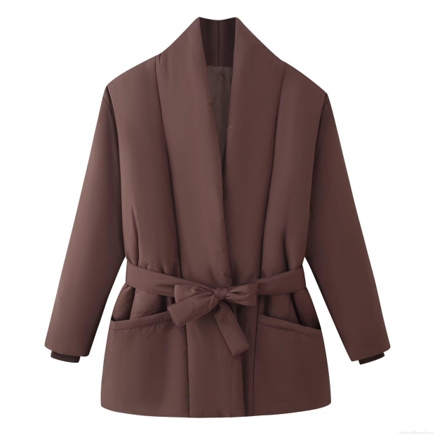 Women's Winter Casual Loose Padded Jacket With Bow Tie Belt Long Sleeve Mid-Length Warm Polyester Coat For Women Daily Wear Women's Winter Casual Loose Padded Jacket With Bow Tie Belt Long Sleeve Mid-Length Warm Polyester Coat For Women Daily Wear