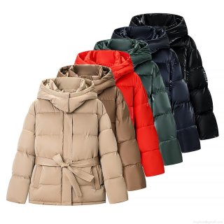 Women's Winter Glossy Puffer Jacket Hooded Windproof Cotton Coat With Belt Solid Color Warm Quilted Outerwear For Ladies Casual Fashion Women's Winter Glossy Puffer Jacket Hooded Windproof Cotton Coat With Belt Solid Color Warm Quilted Outerwear For Ladies Casual Fashion