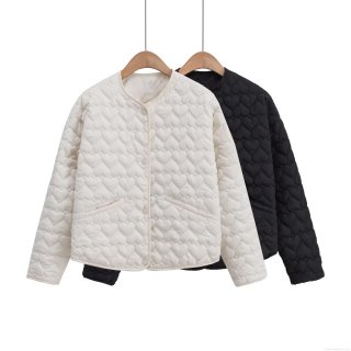 Women Fashion Heart Quilted Padded Jacket Lightweight Polyester Cotton Filling Coat Autumn Casual Loose Round Neck Single Breasted Outerwear For Lady