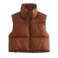 Women's Casual Cropped Puffer Vest Stand Collar Quilted Sleeveless Jacket With Zipper Pockets Drawcord Hem Solid Color Warm Winter Vest Women's Casual Cropped Puffer Vest Stand Collar Quilted Sleeveless Jacket With Zipper Pockets Drawcord Hem Solid Color Warm Winter Vest