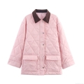 Women's Pink Diamond Quilted Jacket With Brown Corduroy Collar Fashion Thickened Nylon Padded Outerwear Long Sleeve Casual Coat For Autumn Winter Women's Pink Diamond Quilted Jacket With Brown Corduroy Collar Fashion Thickened Nylon Padded Outerwear Long Sleeve Casual Coat For Autumn Winter