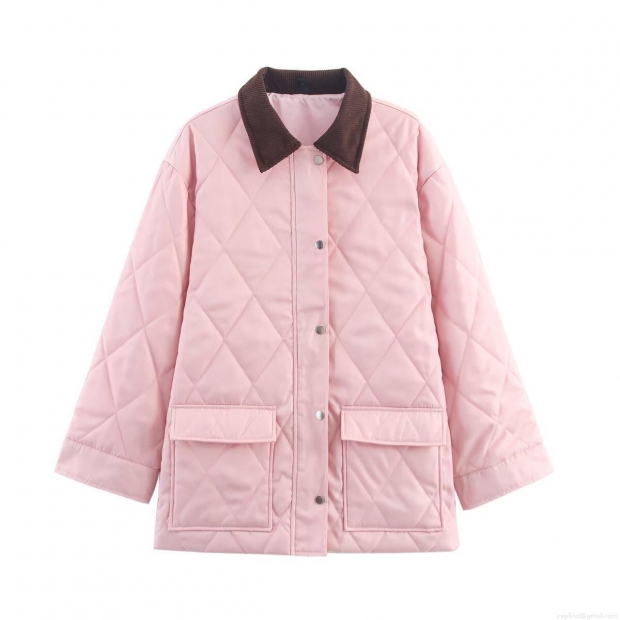 Women's Pink Diamond Quilted Jacket With Brown Corduroy Collar Fashion Thickened Nylon Padded Outerwear Long Sleeve Casual Coat For Autumn Winter Women's Pink Diamond Quilted Jacket With Brown Corduroy Collar Fashion Thickened Nylon Padded Outerwear Long Sleeve Casual Coat For Autumn Winter