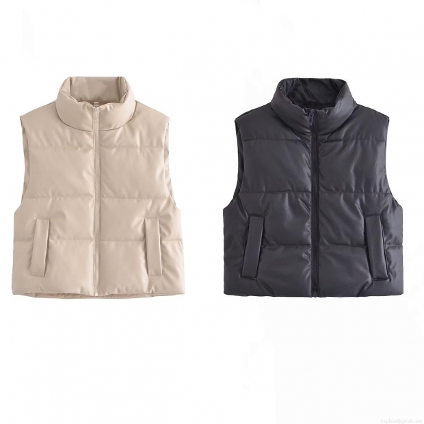 Women's Fashion PU Leather Padded Vest Casual Stand Collar Quilted Sleeveless Jacket With Pockets Warm Solid Color Autumn Winter Waistcoat For Women Ladies Women's Fashion PU Leather Padded Vest Casual Stand Collar Quilted Sleeveless Jacket With Pockets Warm Solid Color Autumn Winter Waistcoat For Women Ladies