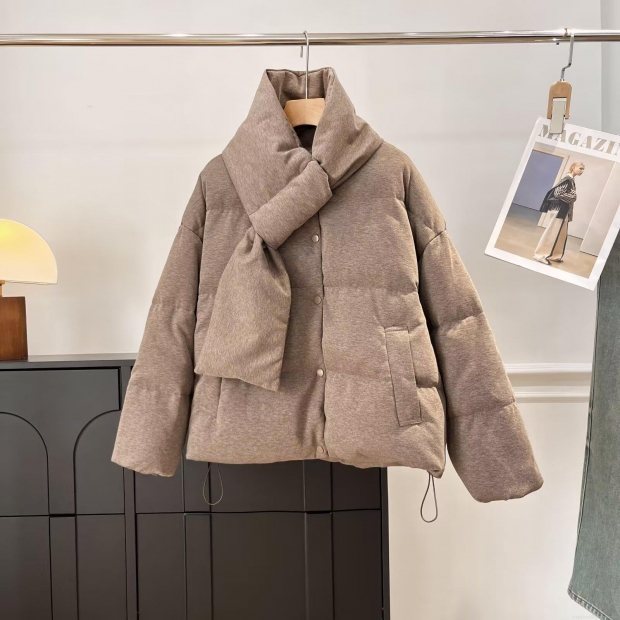 Women's Winter Puffy Padded Jacket With Detachable Scarf Solid Color Quilted Warm Thick Cotton Coat Loose Casual Outerwear Camel Women's Winter Puffy Padded Jacket With Detachable Scarf Solid Color Quilted Warm Thick Cotton Coat Loose Casual Outerwear Camel