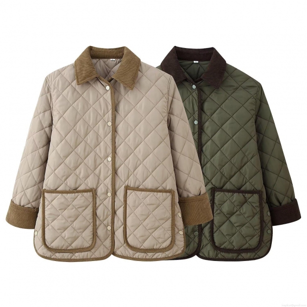 Women's Retro Diamond Quilted Jacket With Corduroy Collar Loose Fit Single Breasted Long Sleeve Casual Padded Coat For Winter Women's Retro Diamond Quilted Jacket With Corduroy Collar Loose Fit Single Breasted Long Sleeve Casual Padded Coat For Winter
