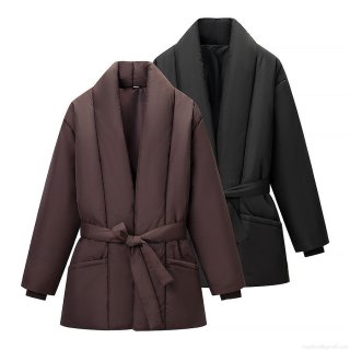 Women's Casual Polyester Solid Color Mid-length Puffer Cotton-padded Jacket With Polyester Cotton Filling Waist Tie Shawl Collar Warm Winter Outerwear Women's Casual Polyester Solid Color Mid-length Puffer Cotton-padded Jacket With Polyester Cotton Filling Waist Tie Shawl Collar Warm Winter Outerwear