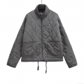 Women's Casual Quilted Puffer Jacket Stand Collar Zip Up Cotton Blend Padded Coat With Drawstring Hem Patch Pockets Vintage Loose Outerwear Winter