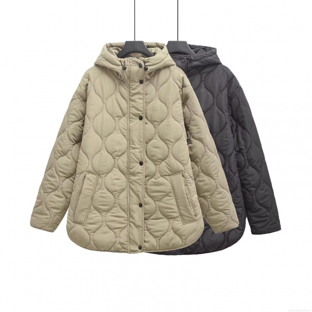 Women's Loose Hooded Quilted Jacket Wave Pattern Cotton Padded Coat Solid Color Warm Outerwear For Winter Casual Retro Style Button Up Long Sleeve Jacket Women's Loose Hooded Quilted Jacket Wave Pattern Cotton Padded Coat Solid Color Warm Outerwear For Winter Casual Retro Style Button Up Long Sleeve Jacket