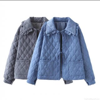 Women's Lightweight Diamond Quilted Jacket With Ruffle Collar Casual Loose Tie-up Padded Coat Cotton Blend Long Sleeve Outerwear For Autumn Winter Women's Lightweight Diamond Quilted Jacket With Ruffle Collar Casual Loose Tie-up Padded Coat Cotton Blend Long Sleeve Outerwear For Autumn Winter