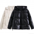 Women's Faux Leather Puffer Jacket Hooded Quilted Winter Coat Warm Zip-Up Oversized Solid Color PU Leather Padded Outerwear For Women Women's Faux Leather Puffer Jacket Hooded Quilted Winter Coat Warm Zip-Up Oversized Solid Color PU Leather Padded Outerwear For Women