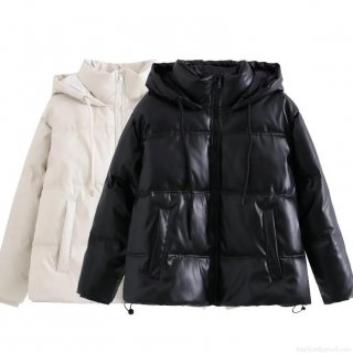 Women's Faux Leather Puffer Jacket Hooded Quilted Winter Coat Warm Zip-Up Oversized Solid Color PU Leather Padded Outerwear For Women Women's Faux Leather Puffer Jacket Hooded Quilted Winter Coat Warm Zip-Up Oversized Solid Color PU Leather Padded Outerwear For Women