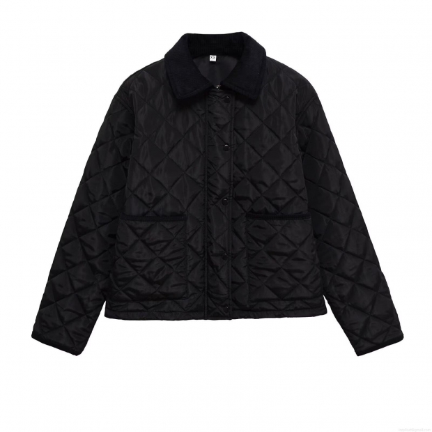 Women's Casual Diamond Quilted Cotton Padded Jacket With Corduroy Collar Vintage Short Long Sleeve Warm Outerwear Snap Button Puffer Coat For Autumn Winter Fashion Women Women's Casual Diamond Quilted Cotton Padded Jacket With Corduroy Collar Vintage Short Long Sleeve Warm Outerwear Snap Button Puffer Coat For Autumn Winter Fashion Women