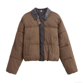 Women's Winter Puffer Jacket Polyester PU Leather Patchwork Quilted Warm Thickened Coat Daily Casual Vintage Short Outerwear For Women Women's Winter Puffer Jacket Polyester PU Leather Patchwork Quilted Warm Thickened Coat Daily Casual Vintage Short Outerwear For Women