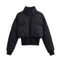 Women's Short Puffer Jacket 100% Polyester Quilted Coat With Stand Collar And Ribbed Cuffs Casual Windproof Black Outerwear For Winter
