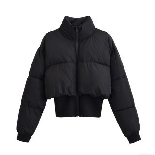 Women's Short Puffer Jacket 100% Polyester Quilted Coat With Stand Collar And Ribbed Cuffs Casual Windproof Black Outerwear For Winter