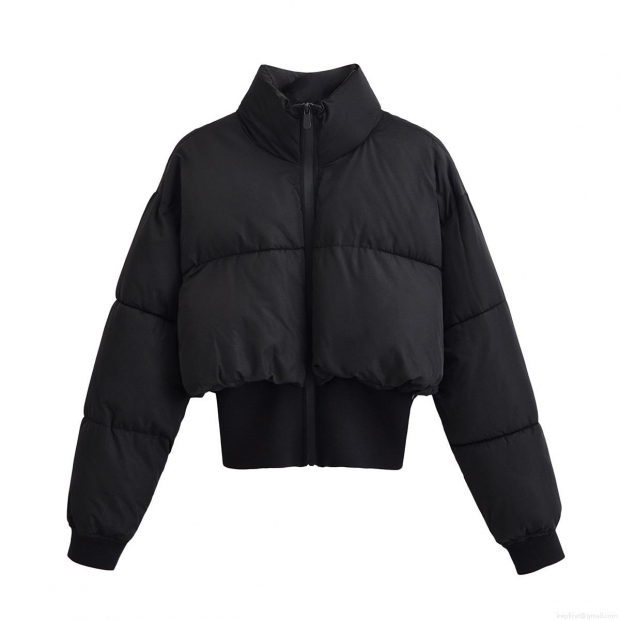 Women's Short Puffer Jacket 100% Polyester Quilted Coat With Stand Collar And Ribbed Cuffs Casual Windproof Black Outerwear For Winter Women's Short Puffer Jacket 100% Polyester Quilted Coat With Stand Collar And Ribbed Cuffs Casual Windproof Black Outerwear For Winter