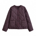 Women's Quilted Jacket Round Neck Diamond Lattice Padded Coat Solid Color Button Down Outerwear With Pockets Retro Casual Fashion Lady Lightweight Warm Cotton Jacket