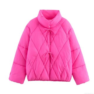 Women's Magenta Quilted Padded Jacket Casual Diamond Lattice Puffer Coat With Ribbon Bow Ties Stand Collar Winter Warm Outerwear For Women Retro Style Women's Magenta Quilted Padded Jacket Casual Diamond Lattice Puffer Coat With Ribbon Bow Ties Stand Collar Winter Warm Outerwear For Women Retro Style