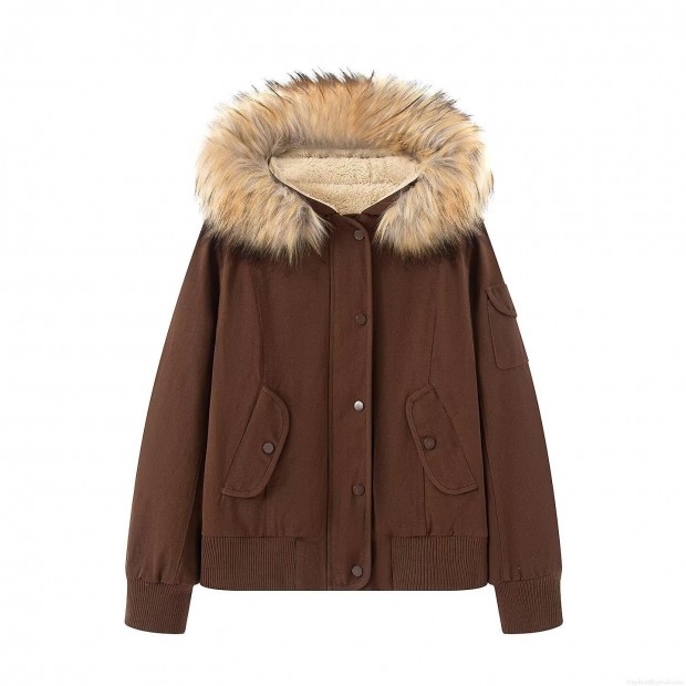 Women's Workwear Style Hooded Winter Jacket With Detachable Faux Fur Collar Sherpa Lined Cotton Blend Padded Coat For Outdoor Casual Warmth Coffee Women's Workwear Style Hooded Winter Jacket With Detachable Faux Fur Collar Sherpa Lined Cotton Blend Padded Coat For Outdoor Casual Warmth Coffee