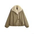 Women's Fashion Padded Jacket With Faux Fur Collar Horn Buckle Short Loose Khaki Cotton Coat For Autumn Winter Casual Warm Outerwear Women's Fashion Padded Jacket With Faux Fur Collar Horn Buckle Short Loose Khaki Cotton Coat For Autumn Winter Casual Warm Outerwear