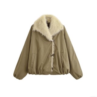 Women's Fashion Padded Jacket With Faux Fur Collar Horn Buckle Short Loose Khaki Cotton Coat For Autumn Winter Casual Warm Outerwear Women's Fashion Padded Jacket With Faux Fur Collar Horn Buckle Short Loose Khaki Cotton Coat For Autumn Winter Casual Warm Outerwear