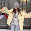 Women's Floral Hooded Puffer Jacket Vintage Polyester Quilted Padded Coat Long Sleeve Drawstring Warm Outerwear For Winter Daily Casual