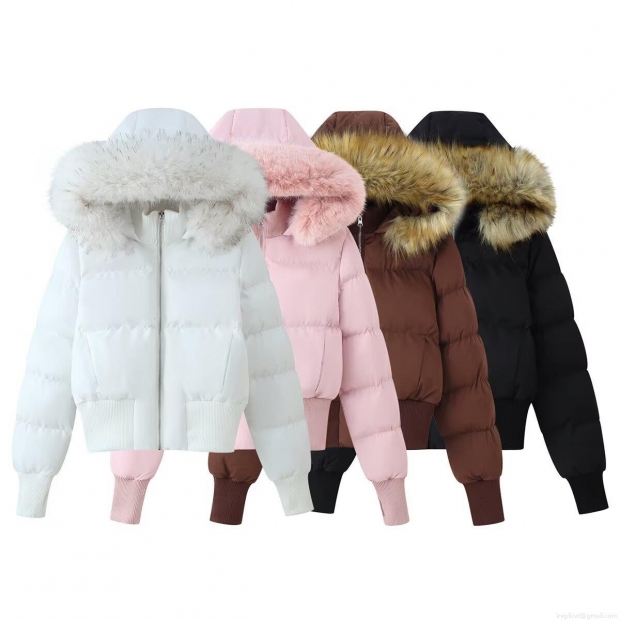 Women's Short Puffer Jacket With Faux Fur Collar Hooded Cotton Padded Winter Coat Windproof Warm Solid Color Outerwear For Ladies Women's Short Puffer Jacket With Faux Fur Collar Hooded Cotton Padded Winter Coat Windproof Warm Solid Color Outerwear For Ladies