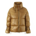 Women's Metallic Glossy Puffer Jacket Stand Collar Double Zipper Bread Coat Thick Warm Winter Outerwear Casual Fashion Short Parka with Drawstring Cuffs for Women