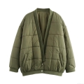 Women's Army Green Quilted Jacket Cotton Blend Loose Long Sleeve V-Neck Warm Puffer Coat For Casual Winter Outwear Women's Army Green Quilted Jacket Cotton Blend Loose Long Sleeve V-Neck Warm Puffer Coat For Casual Winter Outwear