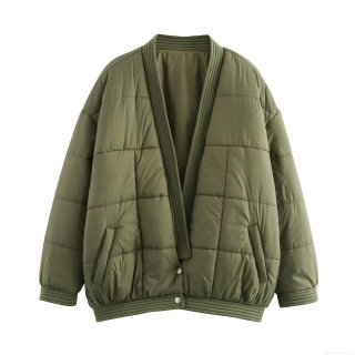Women's Army Green Quilted Jacket Cotton Blend Loose Long Sleeve V-Neck Warm Puffer Coat For Casual Winter Outwear Women's Army Green Quilted Jacket Cotton Blend Loose Long Sleeve V-Neck Warm Puffer Coat For Casual Winter Outwear