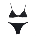 Women's Sexy Black Bikini Set Backless Camisole Top And Triangle Briefs Two Piece Set With Gold Metal Buckle Detail Polyester Swimsuit For Beach Vacation Street Style Women's Sexy Black Bikini Set Backless Camisole Top And Triangle Briefs Two Piece Set With Gold Metal Buckle Detail Polyester Swimsuit For Beach Vacation Street Style