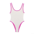 Women's One Piece Swimsuit Bodysuit With Pink Crochet Wavy Trim U Neck Backless Strappy Slim Fit Polyester Swimwear For Beach Vacation Women's One Piece Swimsuit Bodysuit With Pink Crochet Wavy Trim U Neck Backless Strappy Slim Fit Polyester Swimwear For Beach Vacation