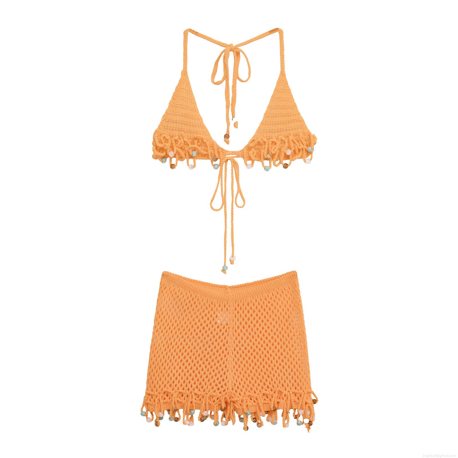 Women Sexy Handmade Crochet Bikini Set Beaded Tassel Halter Bra And Boho Beach Shorts Two Piece Resort Swimsuit Summer Outfits