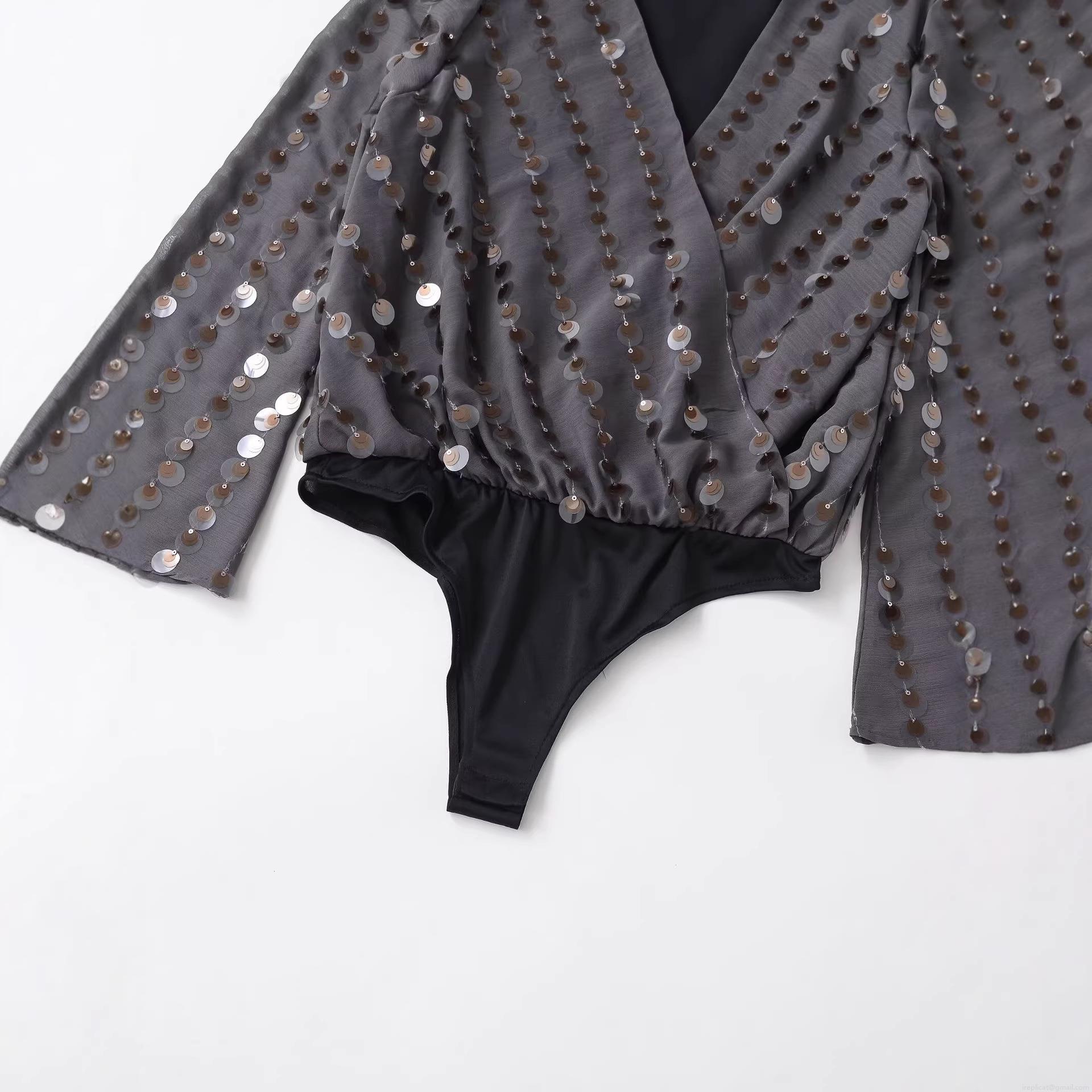 Sexy V Neck Sequin Bodysuit Women Long Bell Sleeve 100% Polyester Patchwork Jumpsuit For Party Club Street Style Night Out Gray
