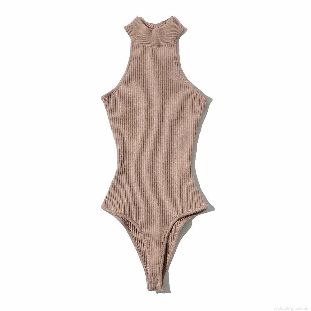Women's Sexy Halter Neck Bodysuit Sleeveless High Neck Ribbed Knit Jumpsuit Slim Fit Solid Color Cotton Blend Summer Streetwear Clubwear Romper