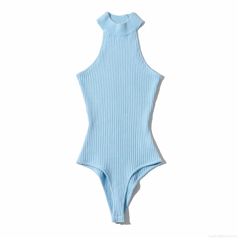 Women's Sexy Halter Neck Bodysuit Sleeveless High Neck Ribbed Knit Jumpsuit Slim Fit Solid Color Cotton Blend Summer Streetwear Clubwear Romper