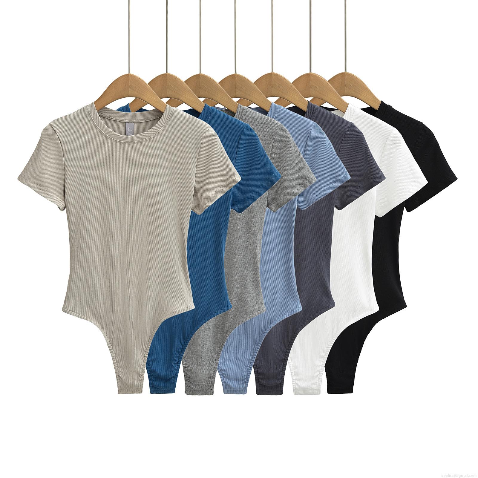 Women's Ribbed Short Sleeve Bodysuit Stretch Modal Blend Round Neck Slim Fit One-Piece T-Shirt Sexy Summer Base Layer Solid Color Top