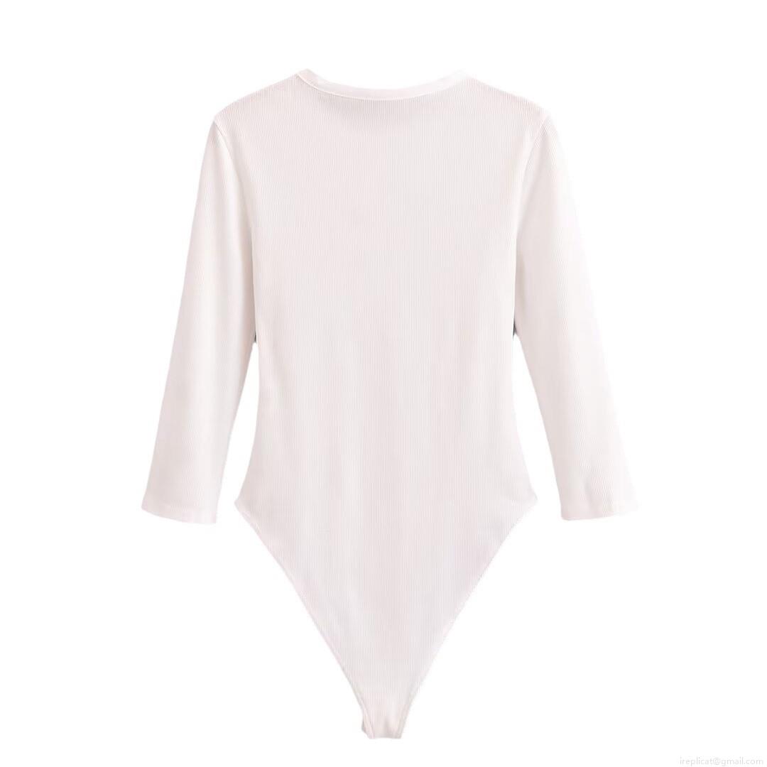 Women's Ribbed Knit Long Sleeve Bodysuit Sexy Slim Fit Round Neck Henley Button Up Jumpsuit Solid Color Streetwear Leotard Top For Daily Casual Wear