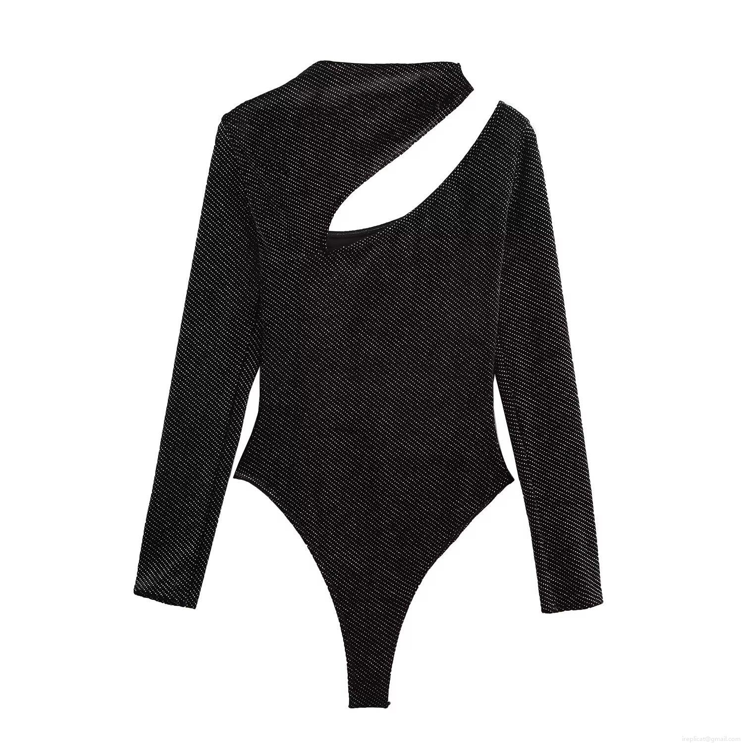 Women's Sexy Black Velvet Glitter Bodysuit Long Sleeve Cut Out Asymmetric Neck One Piece Bodycon Top Streetwear Party Clubwear