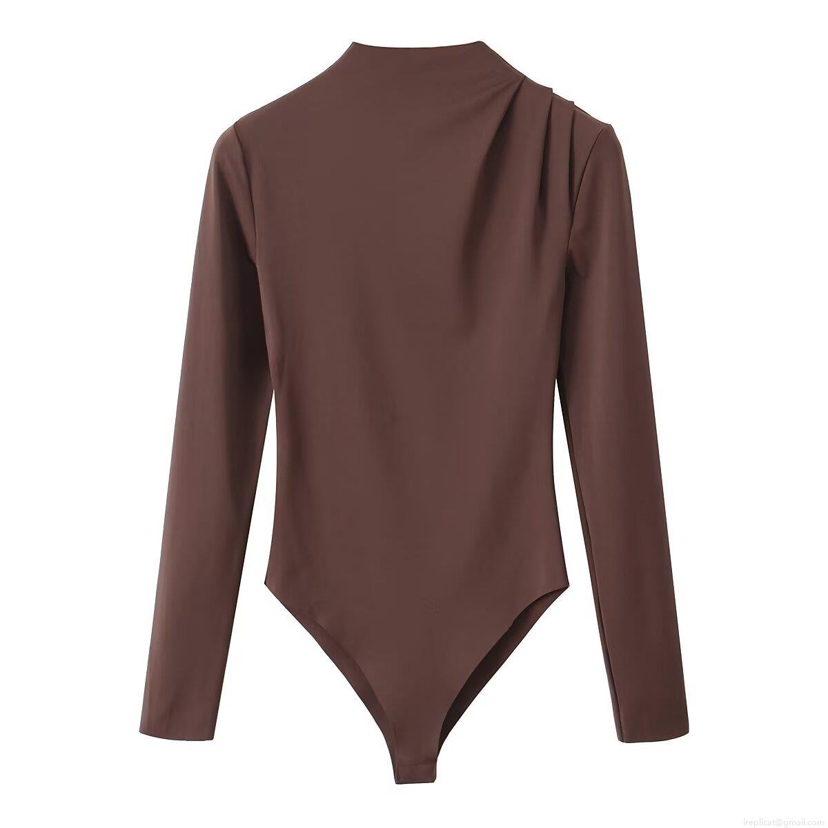 Women Mock Neck Pleated Shoulder Bodysuit Polyester Long Sleeve Slim Fit Sexy Solid Color Leotard Top For Party Daily Casual Streetwear Outfit