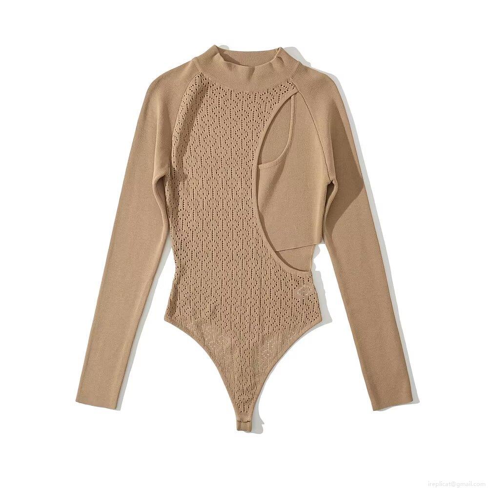 Women Sexy Hollow Out Knit Bodysuit Long Sleeve Rayon Nylon Bodycon Jumpsuit Streetwear Chic One-Piece Top Nightclub Party Wear