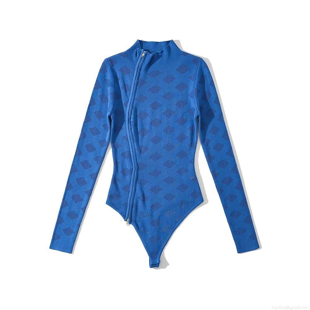 Women's Long Sleeve Bodysuit Knit Rayon Nylon Hollow Out Diamond Pattern Diagonal Double Zipper Stand Collar Slim Fit Jumpsuit Streetwear Tops